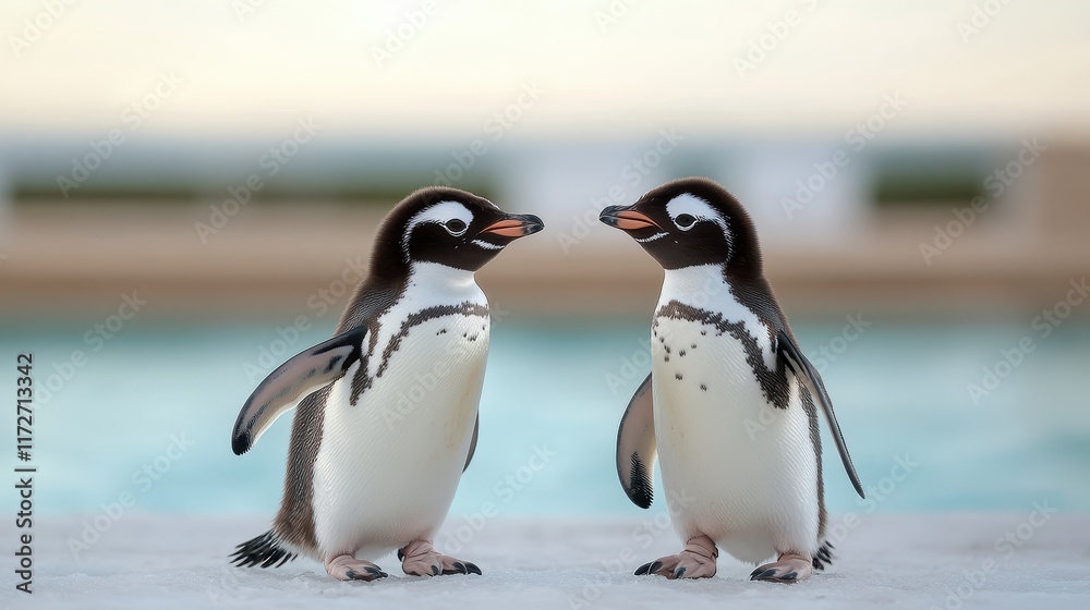 Obraz premium Two Humboldt Penguins Face Each Other by the Water