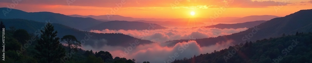 Fototapeta premium Morning sunrise over the rolling hills and misty river landscape, hills, soft, serene