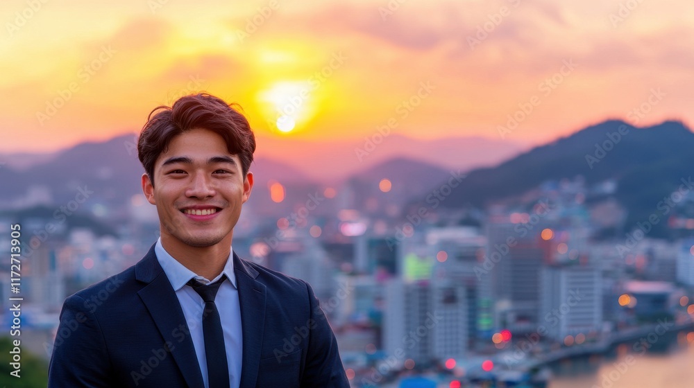Confident Young Businessman Smiling Against Vibrant Sunset Over Cityscape Landscape Confident Young Businessman Smiling Against Vibrant Sunset Over Cityscape Landscape