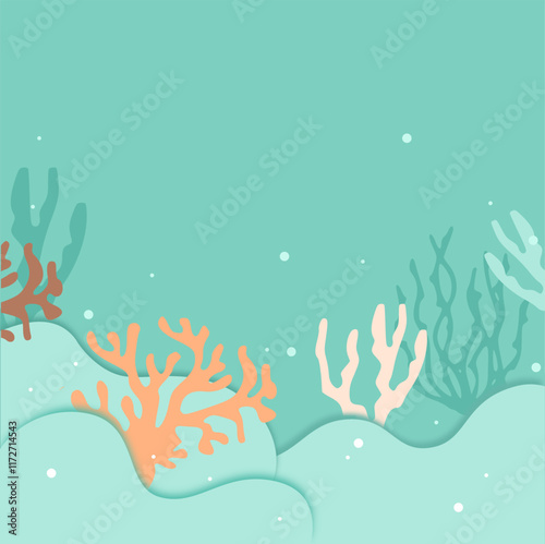 Underwater scene with colorful coral reefs and fish. Cartoon style. Bright blue background. Concept of marine life. Vector illustration