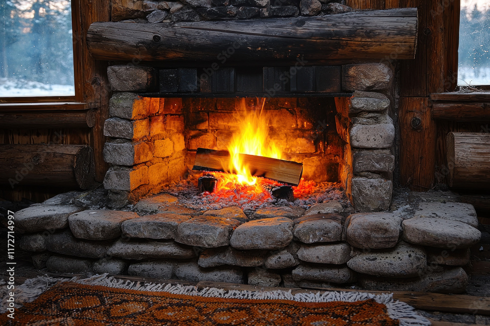 Cozy cabin fireplace burning brightly with snowy window view Cozy cabin fireplace burning brightly with snowy window view