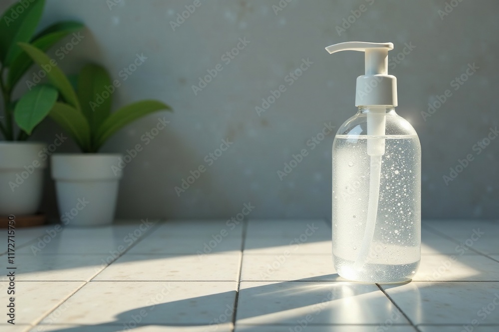 Soap flows from a glass bottle onto a tile floor in the bathroom, water, kitchen Soap flows from a glass bottle onto a tile floor in the bathroom, water, kitchen