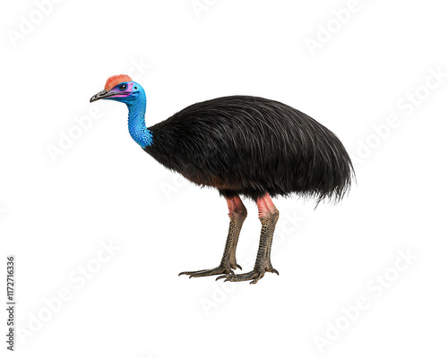 A cassowary stands against a black background. photo