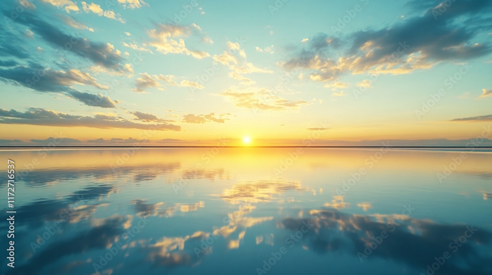 Fototapeta premium Serene Sunset Over Calm Water with Reflective Cloudscape