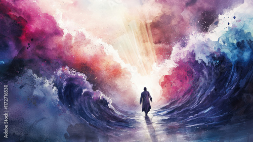 A mystical watercolor of Moses parting the Red Sea, with towering waves surging on both sides and divine light beams illuminating the miraculous path through the waters.