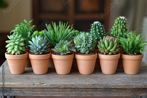 Potted succulents on wooden table, indoors, blurred background, home decor