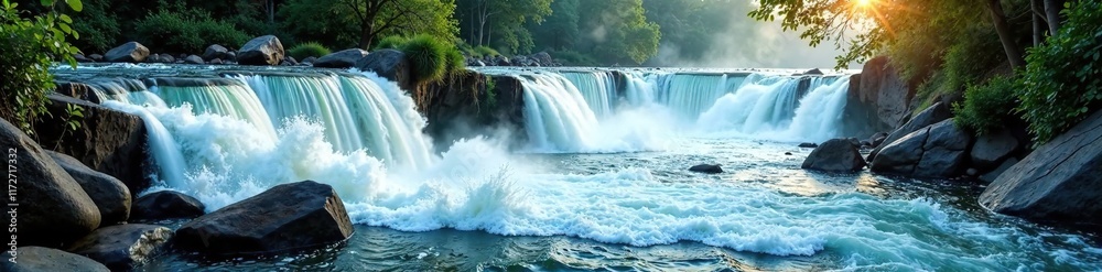 Turbulent waterfalls cascading into the river, water flow, turbulence Turbulent waterfalls cascading into the river, water flow, turbulence