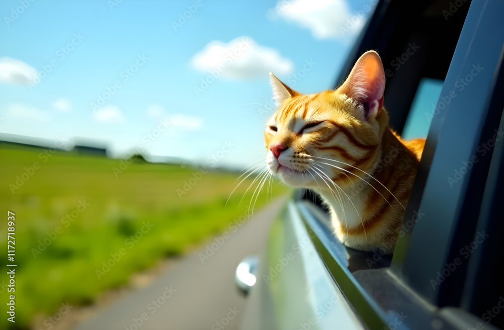 A cute cat joyfully sticking its head out of a car window, enjoying the breeze and scenery on the drive