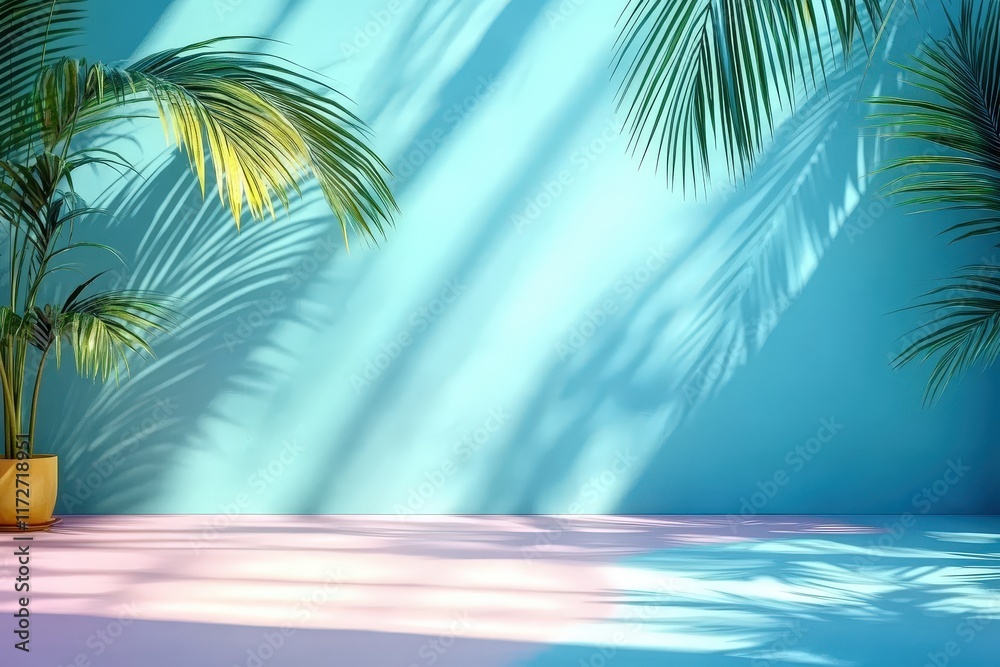 Minimalist Concept of Palm Leaves Casting Shadows on Aqua Background with Soft Pink Floor in a Bright and Serene Space Minimalist Concept of Palm Leaves Casting Shadows on Aqua Background with Soft Pink Floor in a Bright and Serene Space