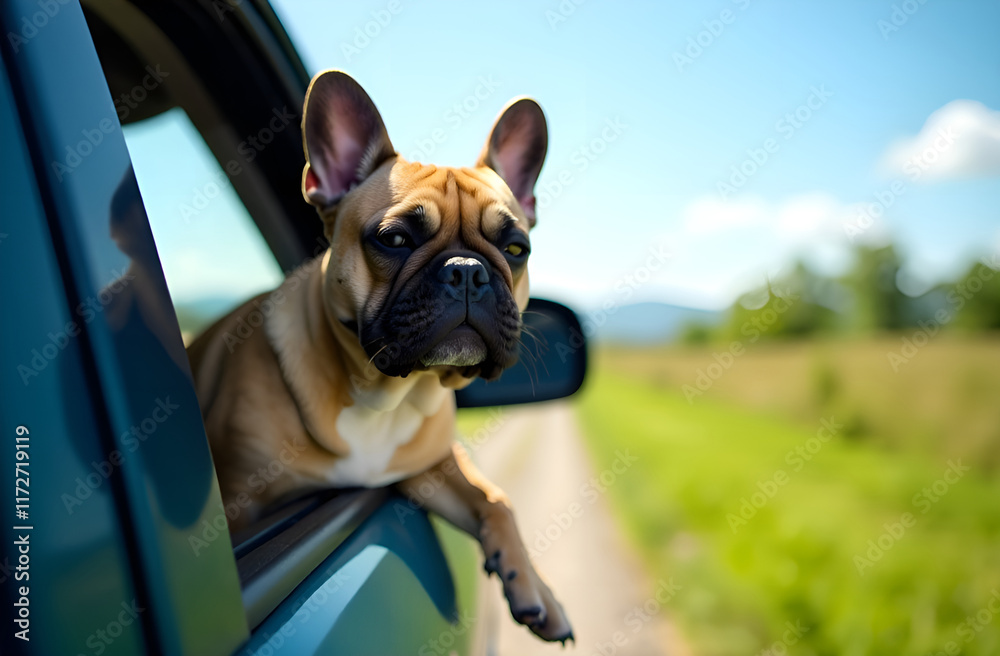 A cute brown and white dog joyfully sticking its head out of a car window, enjoying the breeze and scenery on the drive