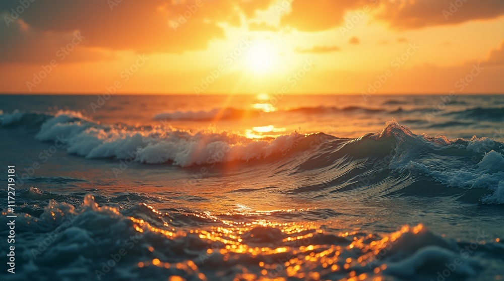 Fototapeta premium Beautiful Sunset Over the Ocean with Golden Light and Gentle Waves.