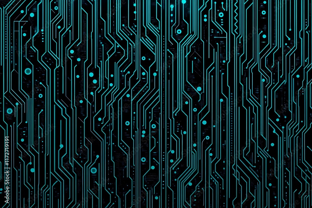 Abstract close-up of a glowing blue digital circuit board, showcasing intricate connections and technological design on a black background.

