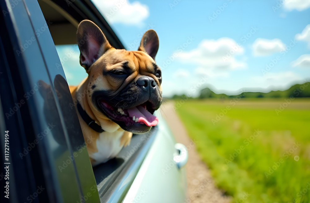 A cute brown and white dog joyfully sticking its head out of a car window, enjoying the breeze and scenery on the drive