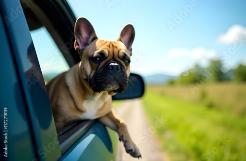 Obraz na płótnie A cute brown and white dog joyfully sticking its head out of a car window, enjoying the breeze and scenery on the drive w salonie