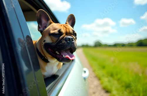 Obraz na płótnie A cute brown and white dog joyfully sticking its head out of a car window, enjoying the breeze and scenery on the drive w salonie