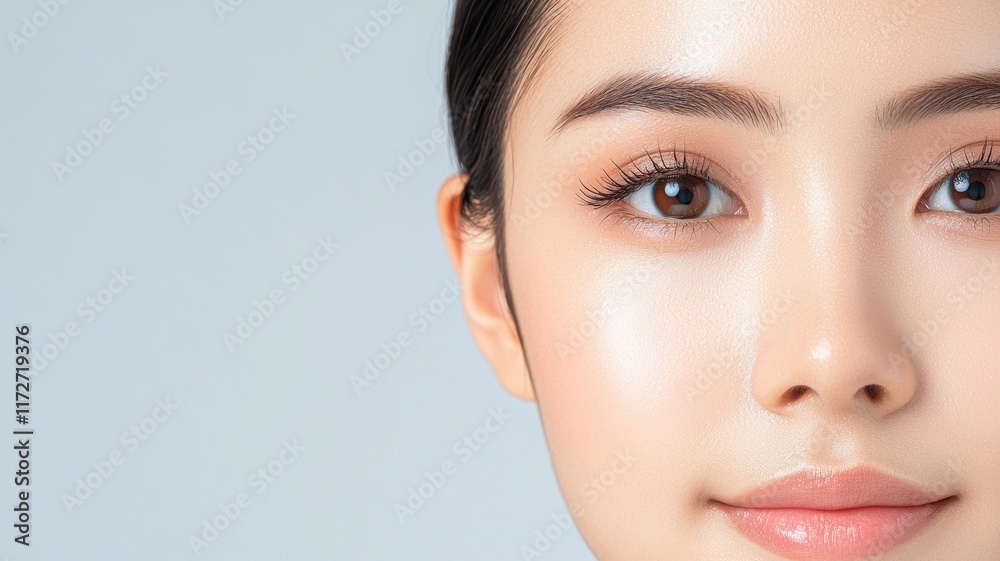 Fototapeta premium Close-up of a woman's face showcasing radiant skin and expressive eyes against a light backdrop.