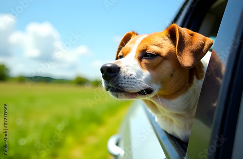 Obraz na płótnie A cute brown and white dog joyfully sticking its head out of a car window, enjoying the breeze and scenery on the drive w salonie