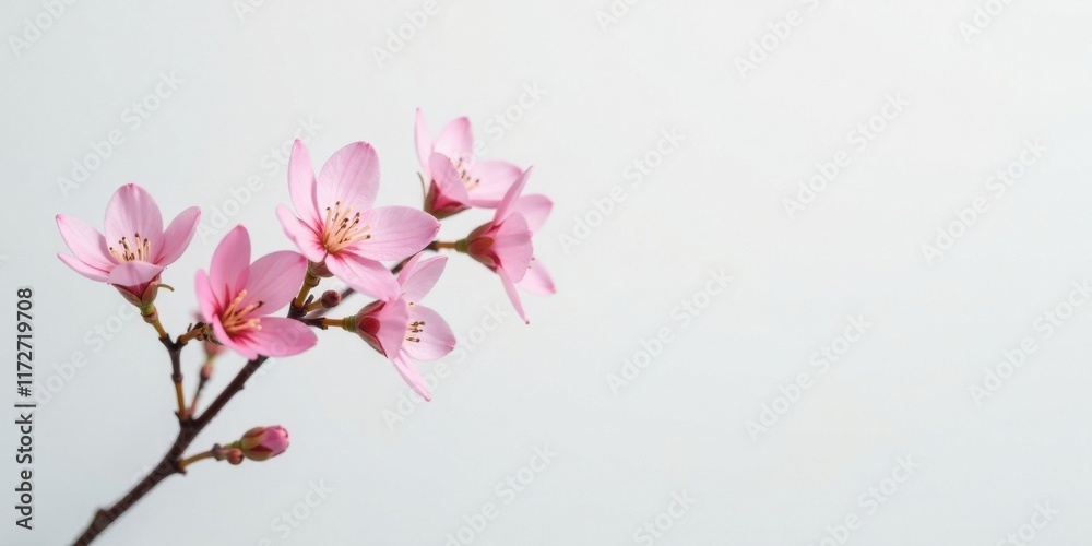 Fototapeta premium Delicate Pink Blossoms on a Branch Against a Soft White Background