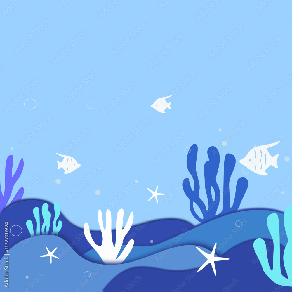 Fototapeta premium Underwater scene with colorful coral reefs and fish. Cartoon style. Bright blue background. Concept of marine life. Vector illustration