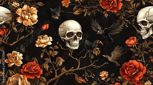 Seamless pattern with skulls, roses, and birds on black background.
