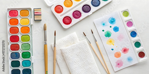 Creative art tools arrangement with colorful paints and brushes on white background for design projects.