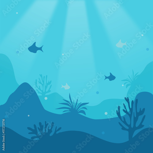 Underwater scene with colorful coral reefs and fish. Cartoon style. Bright blue background. Concept of marine life. Vector illustration