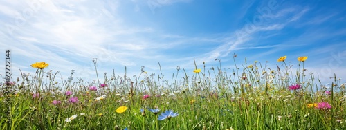 An enchanting view of a wildflower meadow under a clear blue sky, with a variety of colorful blooms swaying gently in the breeze, Wildflower meadow scene