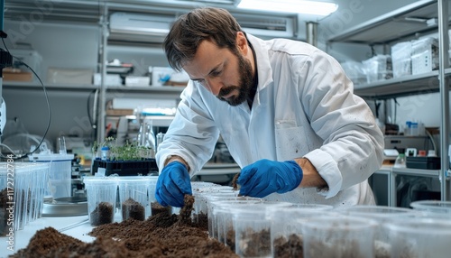 A scientist analyzing soil samples in a modern environmental research lab