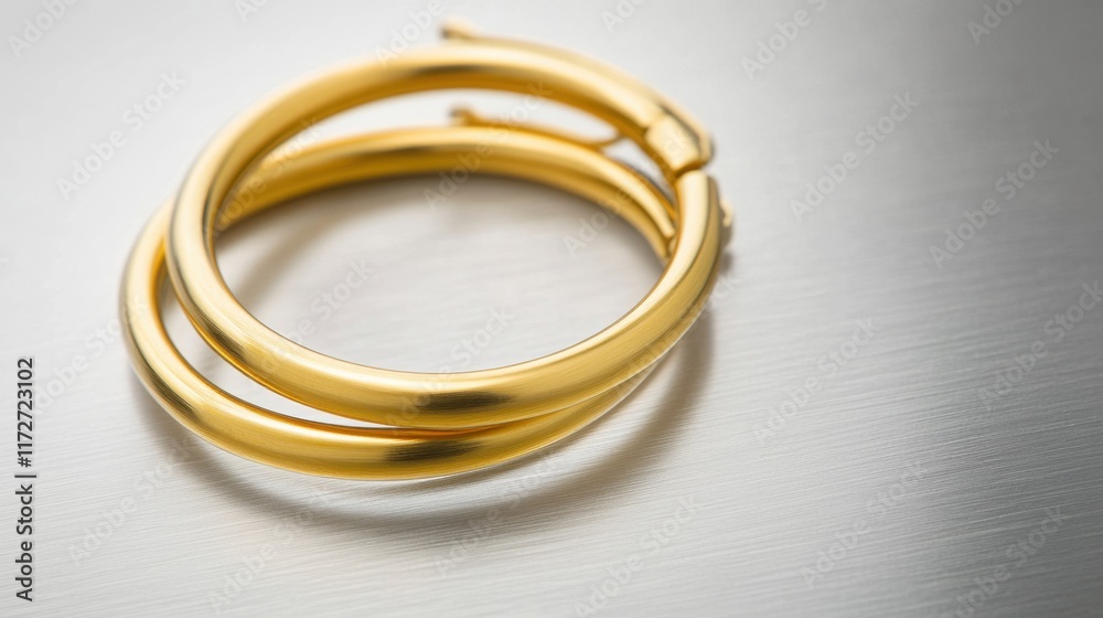 Modern gold hoop earrings displayed on a smooth metallic silver surface