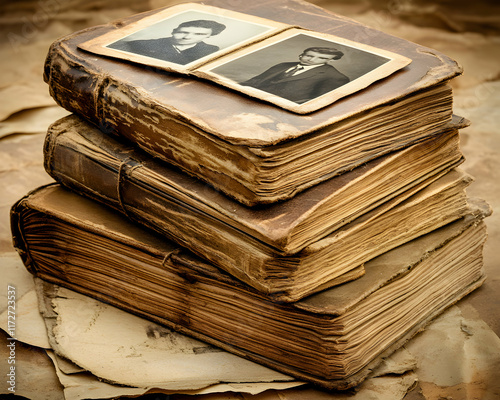 Antique books stacked with vintage photos on top, evoking nostalgia and memories of the past. photo