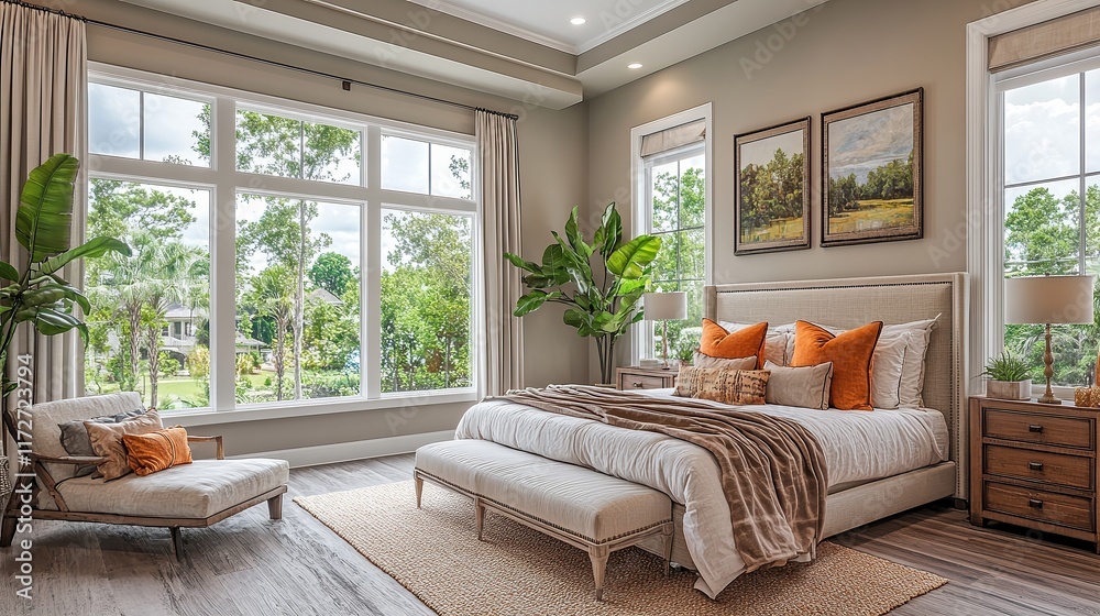 Elegant bedroom with large windows, neutral tones, and vibrant orange accents, featuring cozy bed, comfortable chair, indoor plants, and natural light creating inviting and relaxing atmosphere. Elegant bedroom with large windows, neutral tones, and vibrant orange accents, featuring cozy bed, comfortable chair, indoor plants, and natural light creating inviting and relaxing atmosphere.