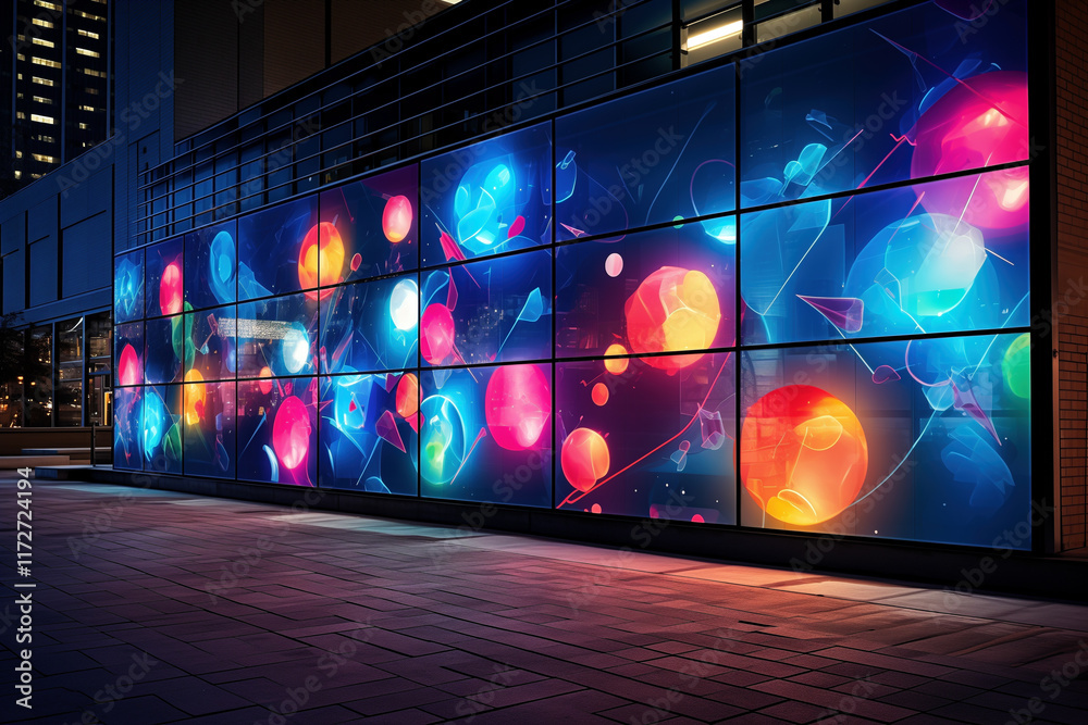 Obraz premium A glowing digital mural on a building wall, artistic bokeh background