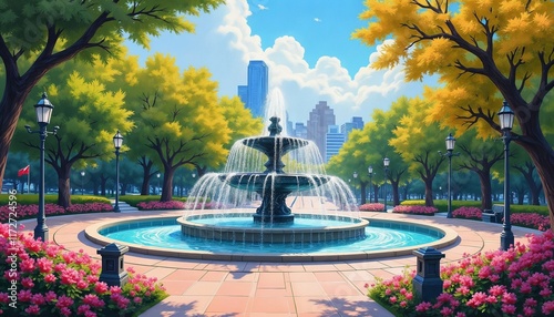 Bright acrylic painting of an urban park featuring a fountain surrounded by trees and flowers
