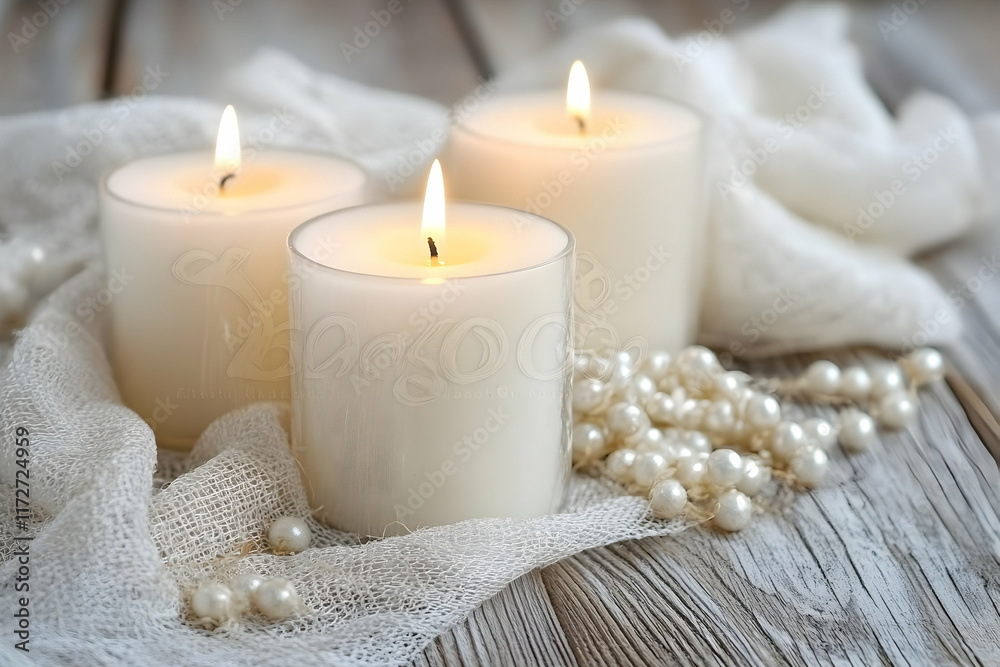 Serene image of three burning white candles nestled on rustic wood with elegant pearls and soft fabric. Perfect for relaxation, spa, or wedding themes. Serene image of three burning white candles nestled on rustic wood with elegant pearls and soft fabric. Perfect for relaxation, spa, or wedding themes.