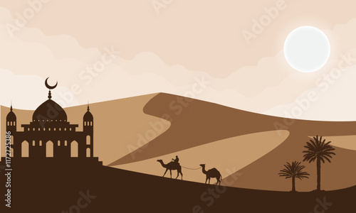 Silhouette of camel and mosque in the desert. Vector illustration