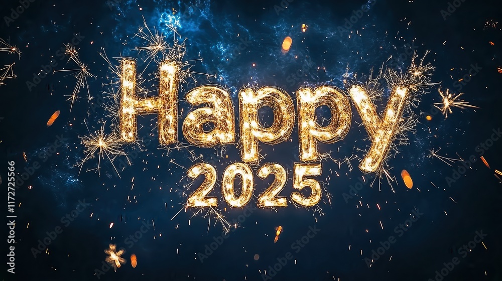 Fototapeta premium Happy 2025 message glowing letters created by sparklers captured in motion set against starry night sky festive celebratory image welcoming new year with light and excitement.