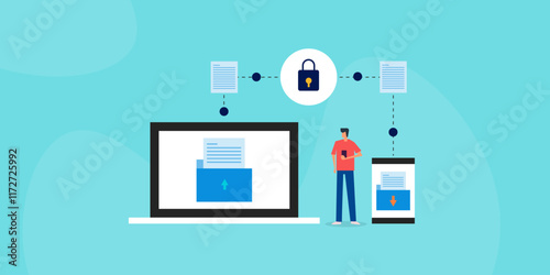 File transfer from laptop to mobile device using secure network connection, data transmission or document sharing vector illustration concept.