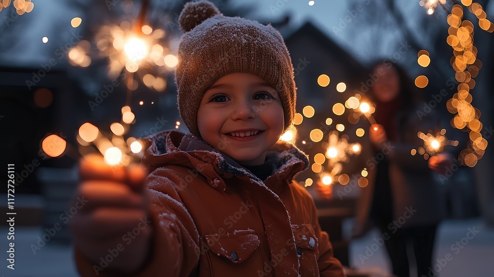 Smiling child holding a sparkler in a festive outdoor setting, with glowing lights in the background, capturing the joy and magic of celebrations, holidays, and family moments. Smiling child holding a sparkler in a festive outdoor setting, with glowing lights in the background, capturing the joy and magic of celebrations, holidays, and family moments.