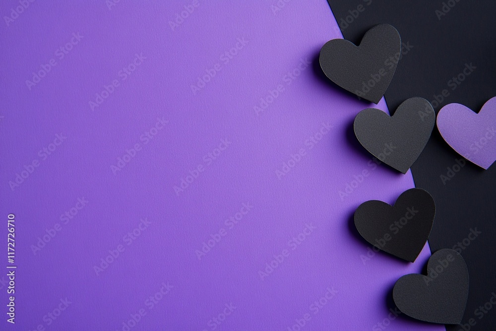 Valentines Day Greeting Card Concept Blank Canvas Frame Black Paper Cut Out Hearts Purple Background Copy Space Valentines Day Greeting Card Concept Blank Canvas Frame Black Paper Cut Out Hearts Purple Background Copy Space