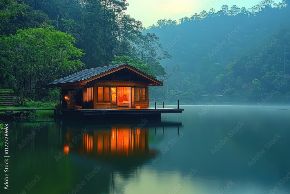 Tranquil Cabin Perched on the Edge of a Glistening Lake Surrounded by Lush Forest in Early Morning Light Tranquil Cabin Perched on the Edge of a Glistening Lake Surrounded by Lush Forest in Early Morning Light