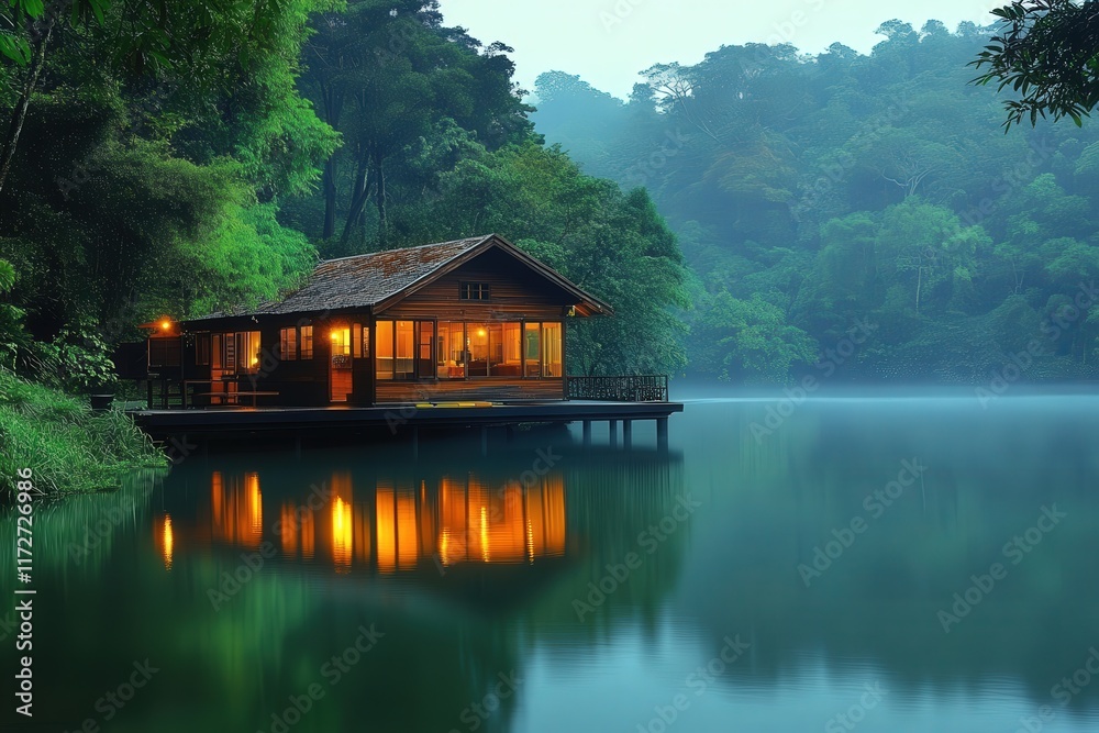 A Serene Cabin Perched on the Edge of a Tranquil Glistening Lake Surrounded by Lush Greenery at Dawn A Serene Cabin Perched on the Edge of a Tranquil Glistening Lake Surrounded by Lush Greenery at Dawn