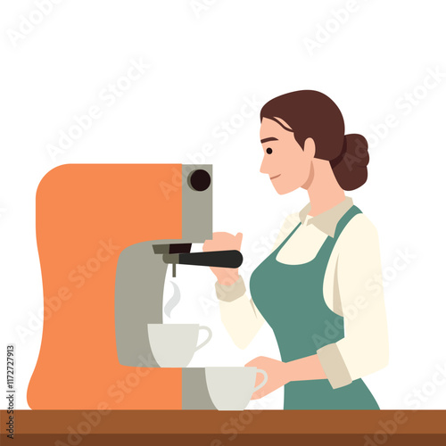 Happy woman making coffee with machine in kitchen at home. Flat vector illustration isolated on white background