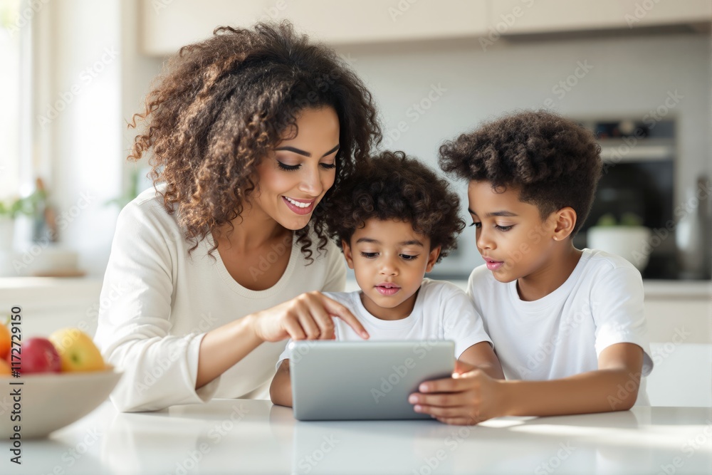Smiling mother with two kids using a tablet at a white table in a modern kitchen, emphasizing family, technology, and education. Ai generative Smiling mother with two kids using a tablet at a white table in a modern kitchen, emphasizing family, technology, and education. Ai generative