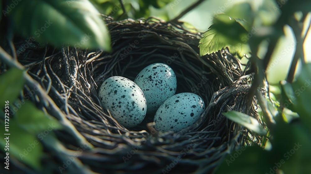 A close-up of speckled Easter eggs in a nest with soft, natural lighting. A close-up of speckled Easter eggs in a nest with soft, natural lighting.