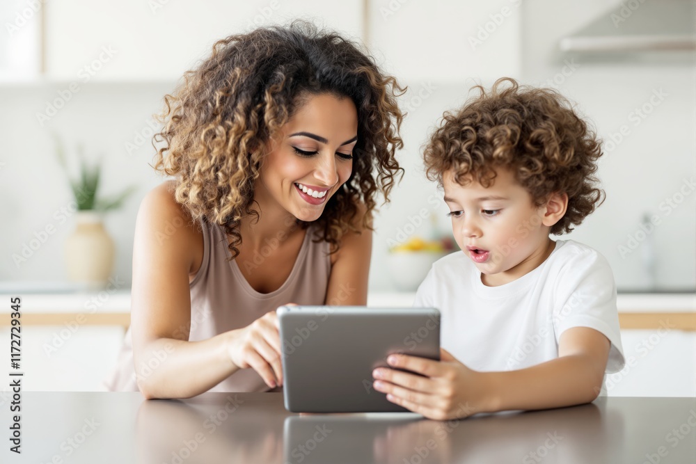 A mother and her child engaging with a tablet, smiling warmly in a brightly lit kitchen. Family bonding, education, or technology concept. Ai generative A mother and her child engaging with a tablet, smiling warmly in a brightly lit kitchen. Family bonding, education, or technology concept. Ai generative