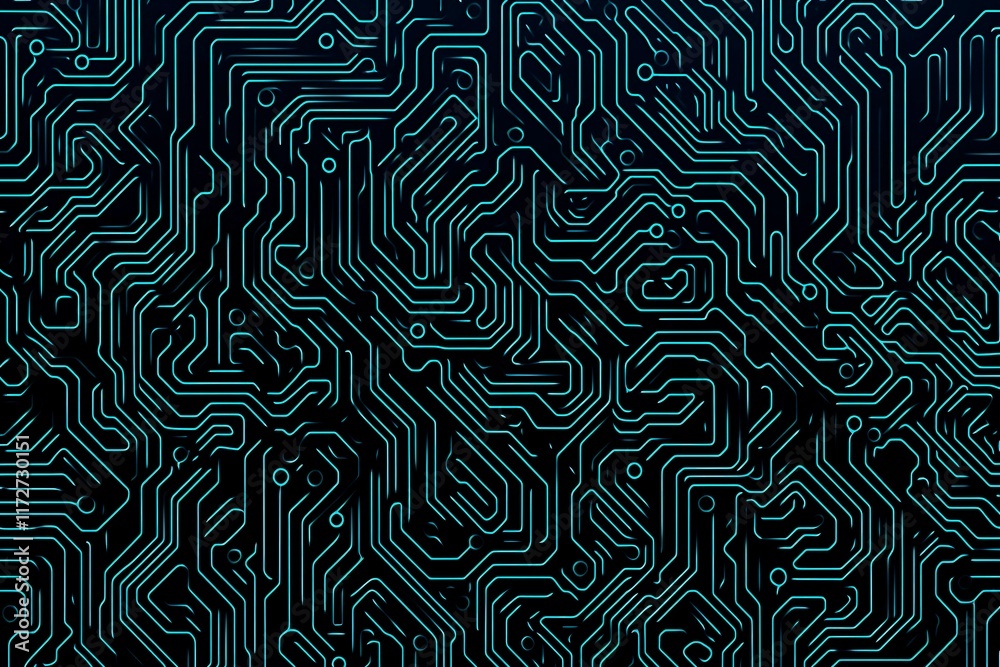 Obraz premium Abstract close-up of a glowing blue digital circuit board, showcasing intricate connections and technological design on a black background.