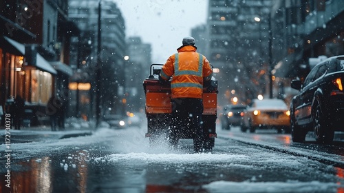  Street cleaner wearing reflective orange jacket pushes cart through snowy city street during winter evening. Snowfall, wet pavement, and city lights create a moody urban scene.