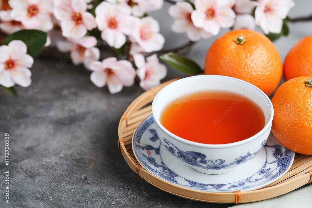 Traditional chinese tea, oranges, and cherry blossoms celebrating lunar new year Traditional chinese tea, oranges, and cherry blossoms celebrating lunar new year