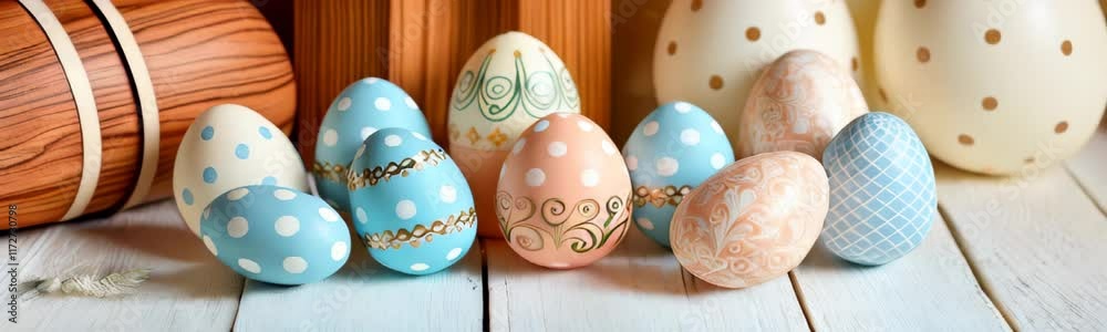 Easter eggs with polka dots and plaid patterns. Handmade craft diy banner Easter eggs with polka dots and plaid patterns. Handmade craft diy banner