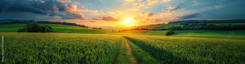 Fototapeta premium A field of grass with a sun shining through the clouds